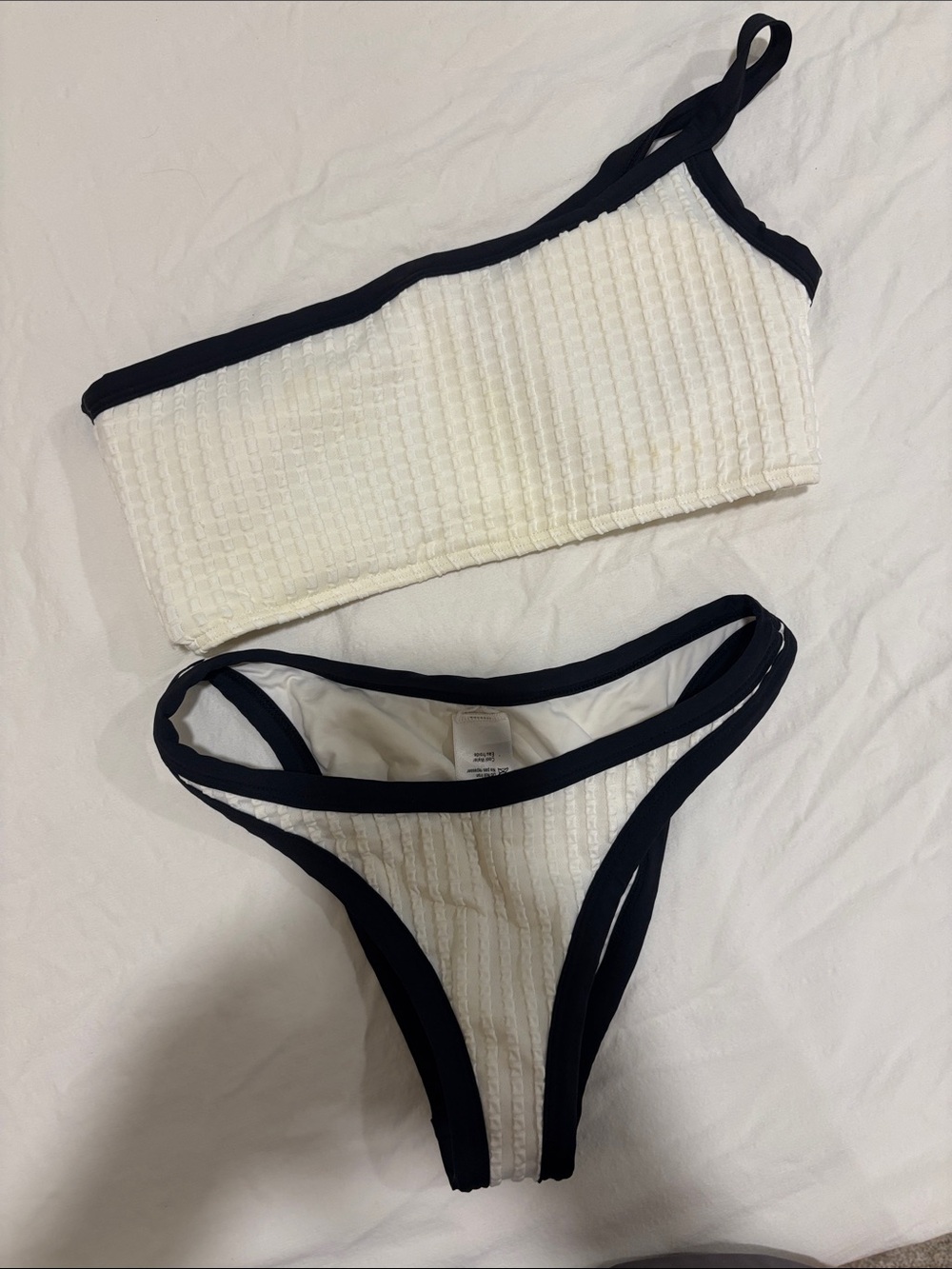 l*space White Textured One-Shoulder Bikini with Black Trim
